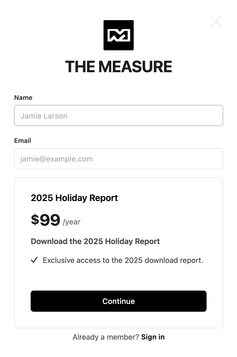 Ghost Portal modal showing a $99/year 2025 Holiday Report paywall in place of the newsletter signup form